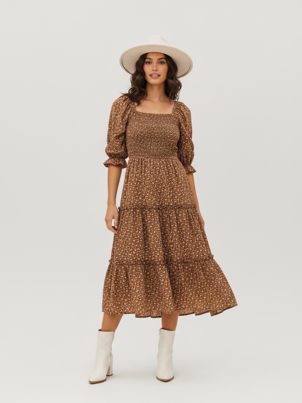 Ivy City Smocked Square-Neck Tiered Midi Dress - Brown Floral Prairie
